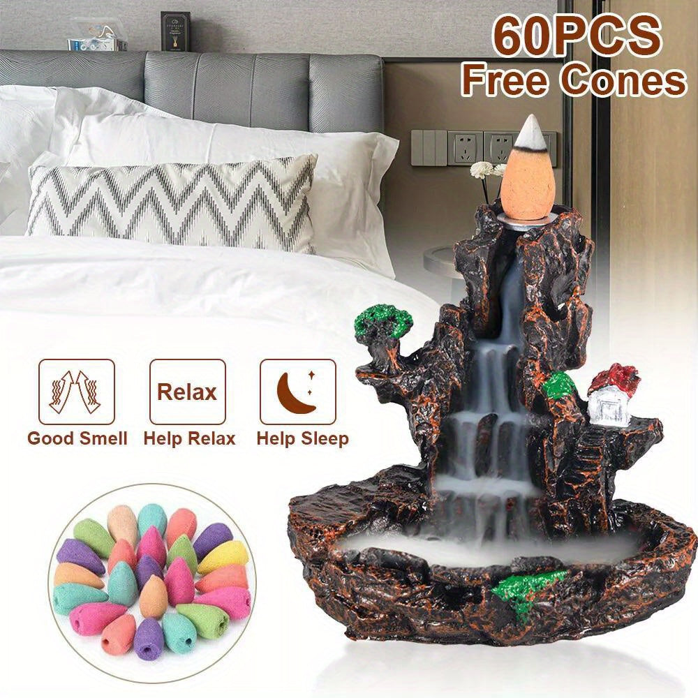 Resin Incense Waterfall Burner Stand with 60 Cones - Waterfall Smoke Burner Suitable for, Office, Yoga Studio, Meditation Room, Stone Brown Resin Cone Holder for & Zen Decor (No Refillable)