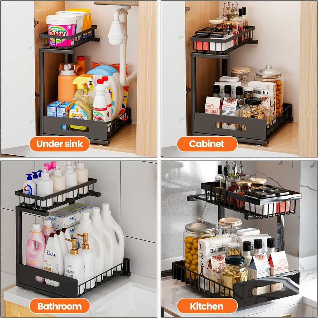 Under Sink Organizers, Metal Pull Out Under Sink Organizers And Storage Shelves with Sliding Drawer, Under Sink Storage for Kitchen, Bathroom (1pack/2pack)