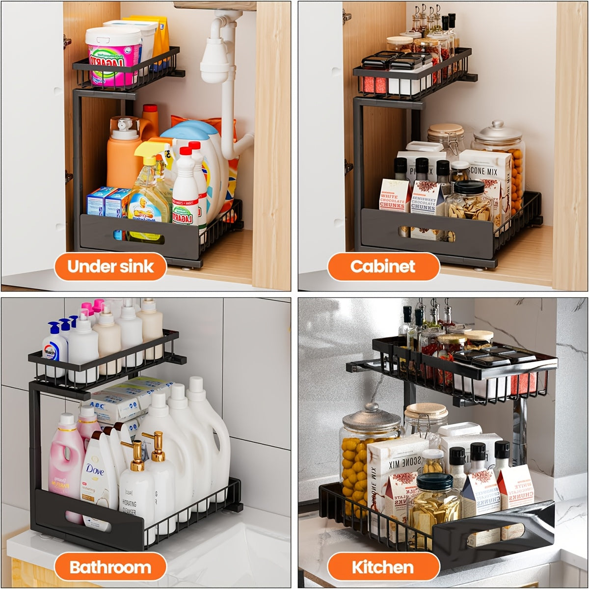 Under Sink Organizers, Metal Pull Out Under Sink Organizers And Storage Shelves with Sliding Drawer, Under Sink Storage for Kitchen, Bathroom (1pack/2pack)