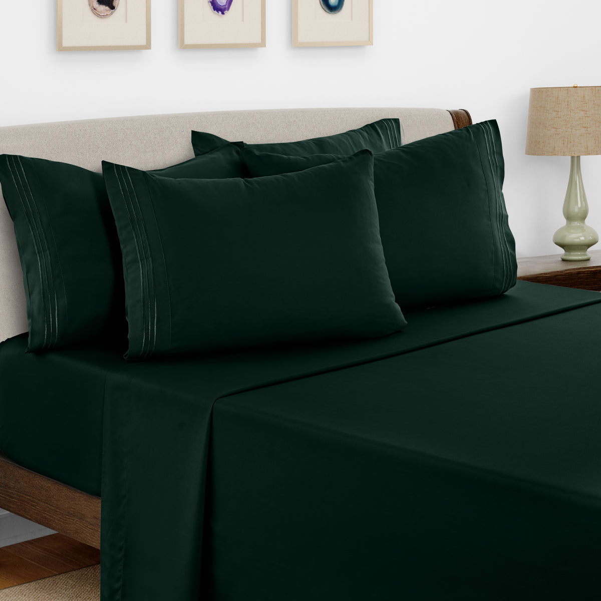 Lux Decor 6 Pieces Solid Bed Sheets Set - Modern Soft Comfortable Bedding Set, Hotel Luxury Skin Friendly Cooling Sheets & Embroidered Pillowcases Without Filler - All Seasons Bed Sheet with 16 Inches deep Pocket, Breathable Skin Friendly & Cooling Sheets