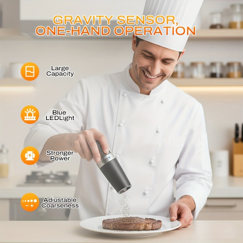 2pcs Gravity-sensing Electric Salt And Pepper Grinder Set, Battery-powered LED Light, One-hand Operation, Local Fast Delivery, Adjustable Coarseness Grinder, Black Kitchen Gadget, Salt And Pepper Grinder Electric 2pcs, Birthday Gift