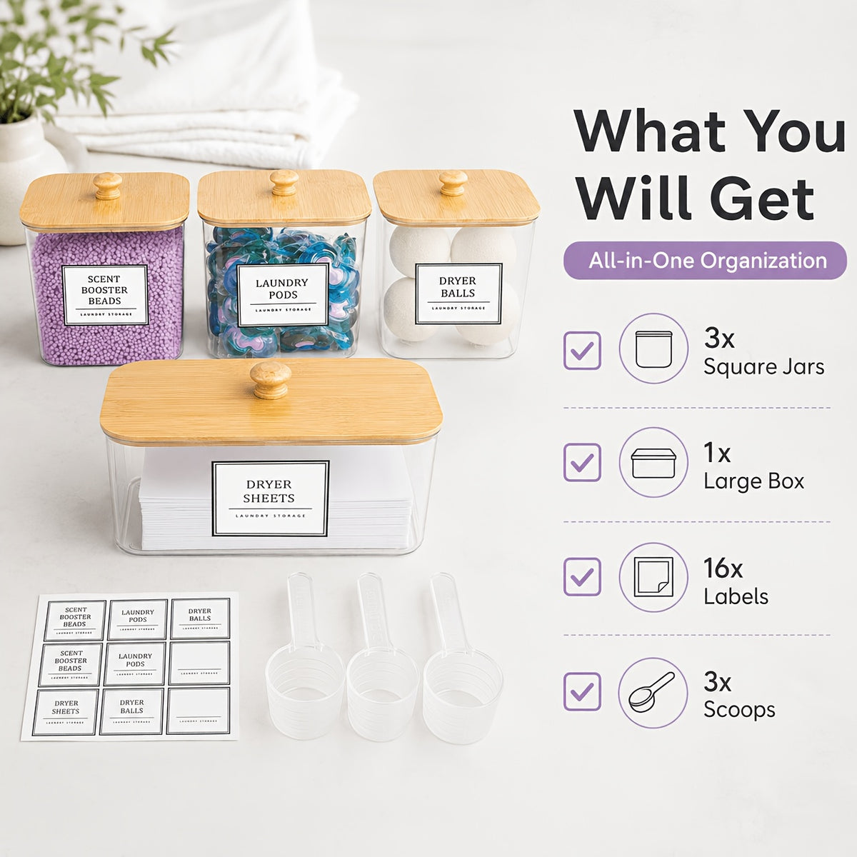 2/3/4+1 Pack Laundry Organization And Storage And Dryer Sheet Holder Set, Clear Laundry Room Organization Containers with Bamboo Lids And Labels, Laundry Pods Holder for Scent Booster, Powder, Pod