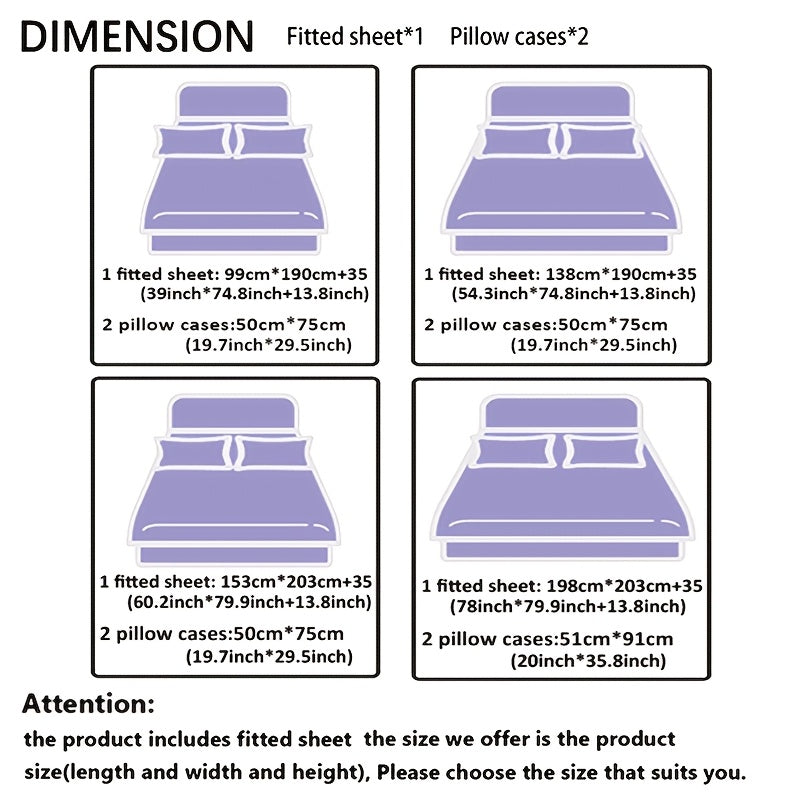 2D Flat 3pcs Cool Technology Digital Printing Material Plaid Fitted Sheet(1pc Bed Sheet+2pcs Pillowcase No Filling) Deep Pocket In 15 Inch, At Home Dormitory Suitable for All Seasons Mattress Protector