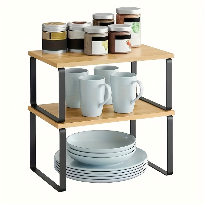 Stackable Cabinet Shelf Set, 2 Adjustable Wooden Storage Organizers in Black or White for Kitchen Counters Spices Pantry and Bathroom Essentials