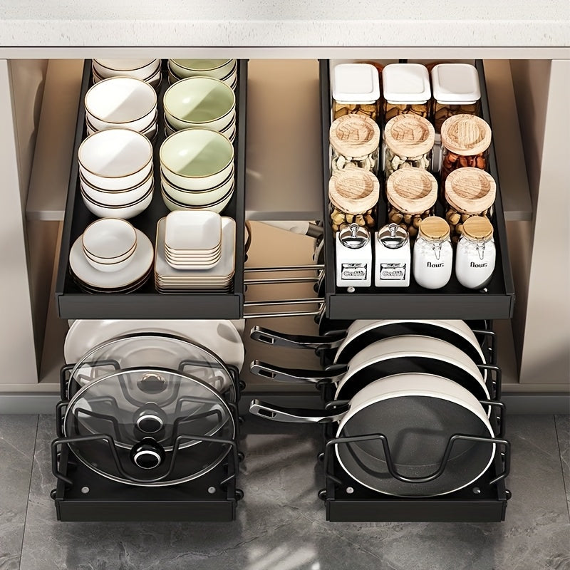 Slide-Out Cookware Organizer, Metal Cabinet Rack with Adjustable Dividers for Pots, Pan Lids, Baking Trays and Plates in Black, White or Gray, 1 or 2 Pieces