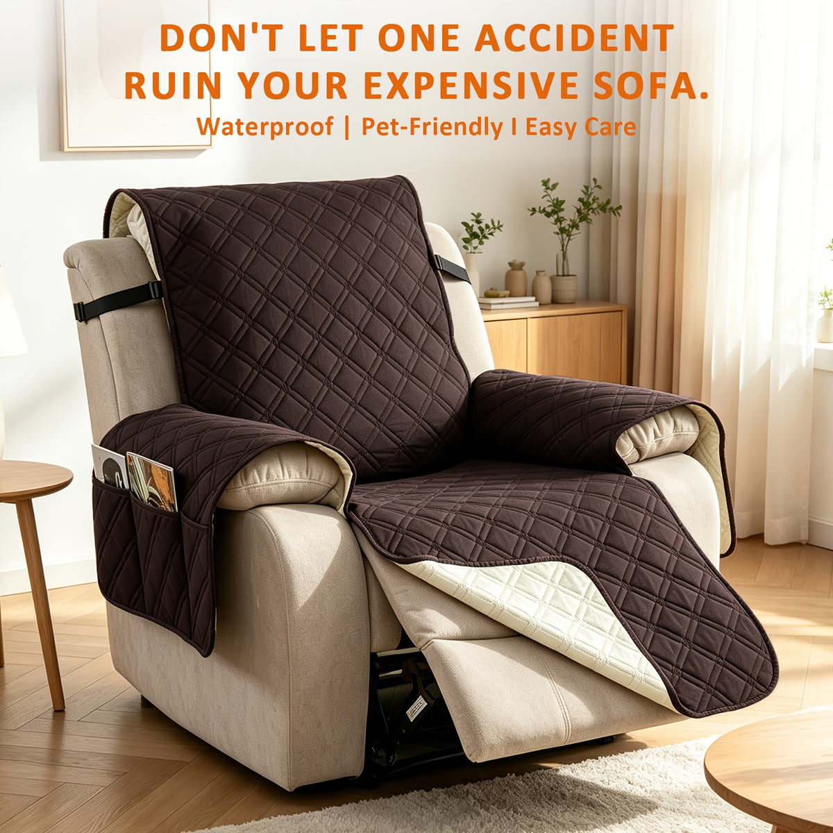 Recliner Cover with Storage Pockets, 23-Inch Quilted Chair Protector with Waterproof Layers, Elastic Straps and Washable Fabric for Pet-Friendly Living Rooms