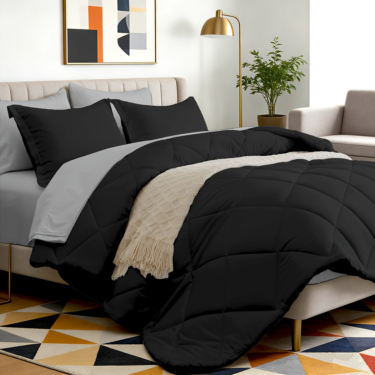 5/7pcs Luxurious Double-sided Checked Pattern Comforter Set-Breathable-Ultra Soft Fluffy Fiber Filling, Warmth for All Seasons-Bed In A Bag with Comforter, Flat Sheet, Fitted Sheet, Pillowcases, And Pillowshams, Family Gift Set, Random Color