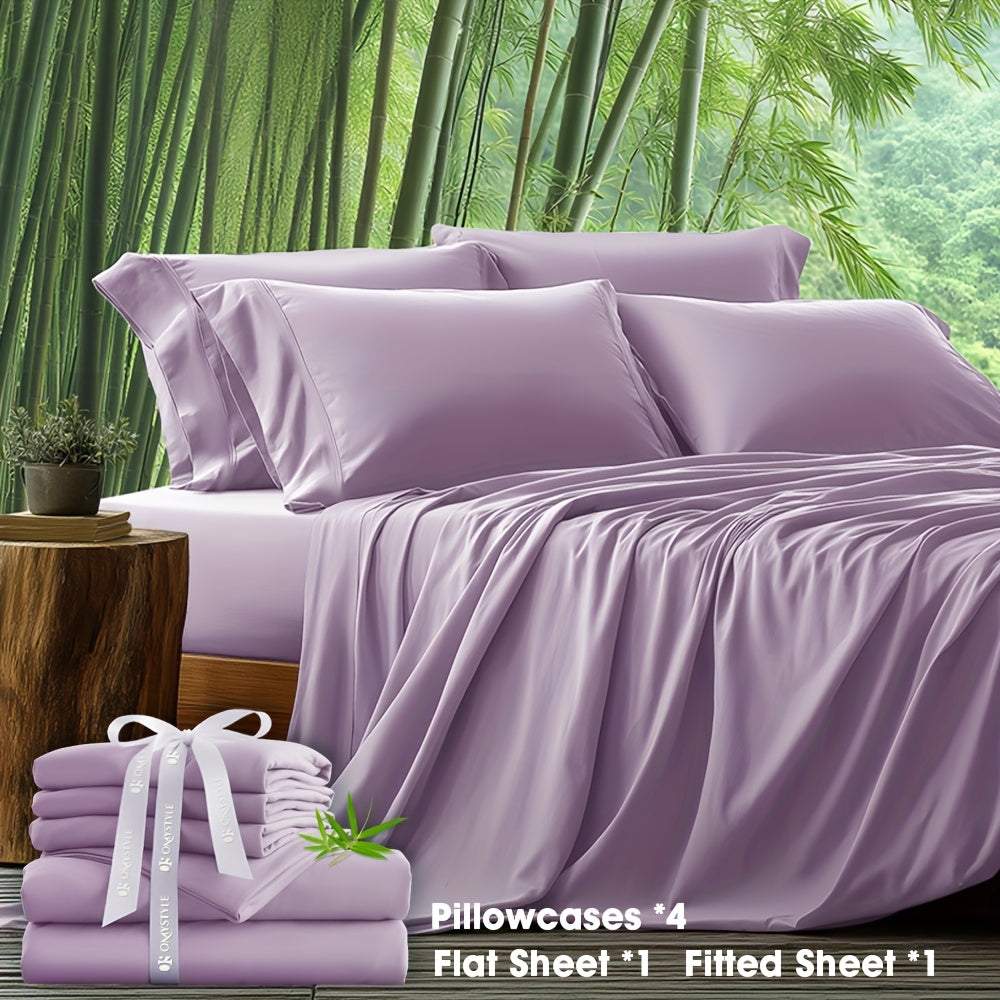 6pcs Bamboo Blend Bed Sheet Set-Flat Sheet, Fitted Sheet And 4 Pillowcases, Luxury Breathable Sheet Set, Ultra Soft Sheet for Hot Sleepers, Deep Pocket, King/Queen/Full/Twin