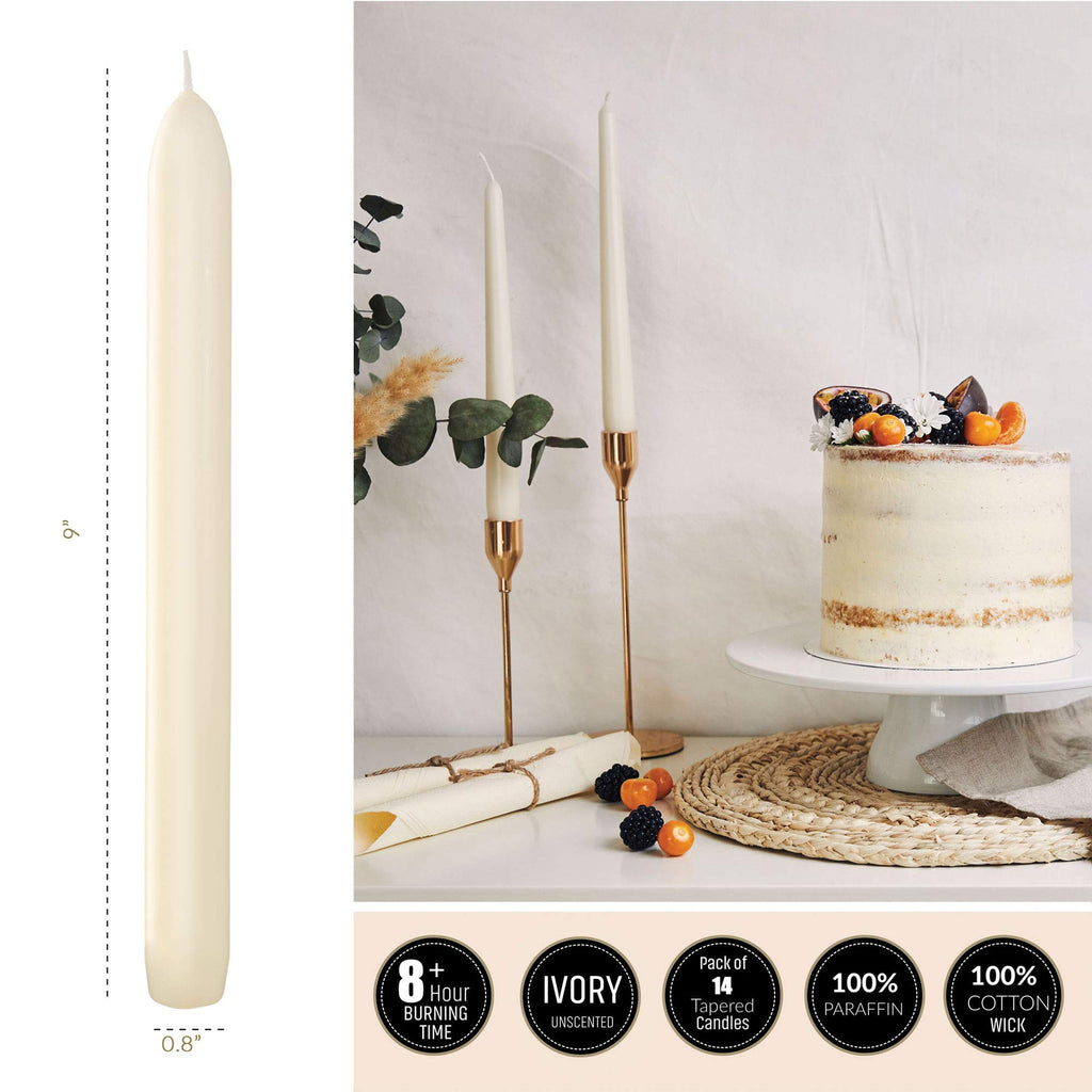 Ivory Taper Candles - Pack of 14 - 9 Inch Tall Candlesticks with Unscented Premium Wax - 8 Hour Long Burning for Home Decoration, Wedding, Holiday and Parties
