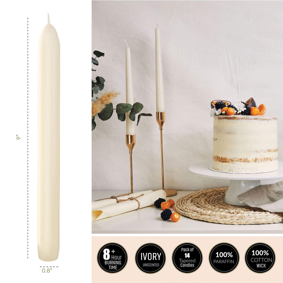 Ivory Taper Candles - Pack of 14 - 9 Inch Tall Candlesticks with Unscented Premium Wax - 8 Hour Long Burning for Home Decoration, Wedding, Holiday and Parties
