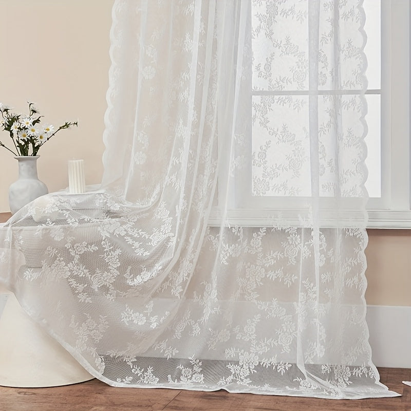 Set of Two White Lace Curtains with Floral Designs, Featuring a Bohemian Style And Semi-Transparent Fabric That Filters Sunlight. Suitable for All Seasons