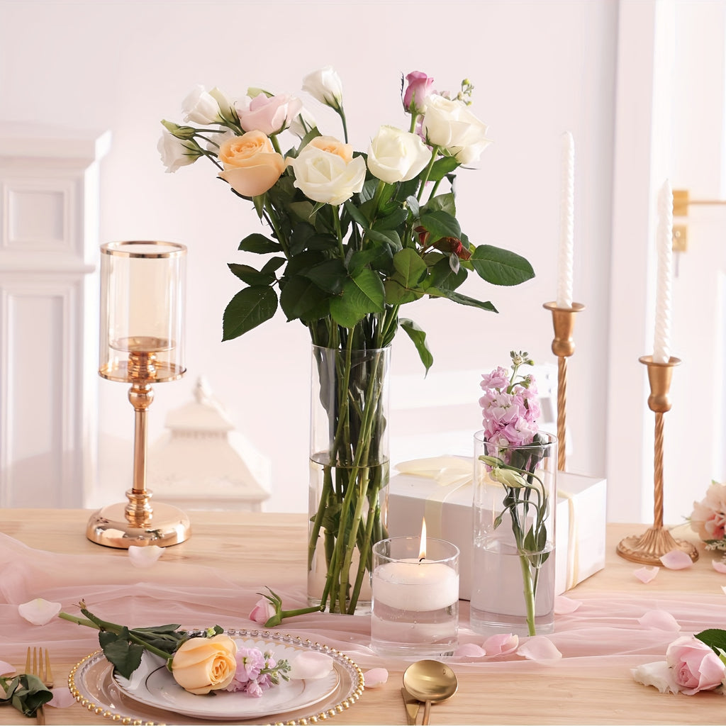 TOMNK 12/20/24pcs Clear Cylinder Glass Vases, Includes 4/5 Sizes, Tall Boho Style Decorative Clear Vases for Wedding Centerpieces, Rustic Home Decor, Formal Dinners Centerpieces, Party Events Floating Hurricane Candle Holder Vases
