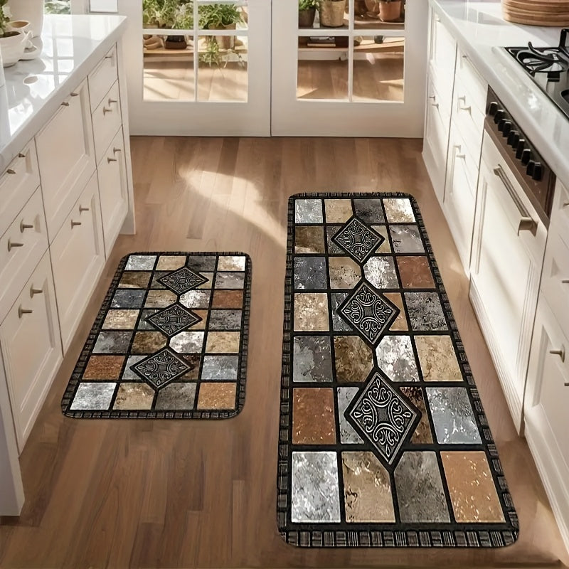 Plaid Kitchen Rug Set, 2-Piece Brown Absorbent Diatomaceous Earth Floor Mats with Non-Slip Backing, Machine Washable Quick-Drying Runner