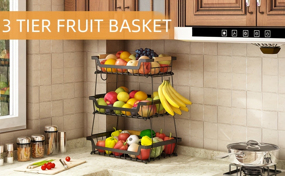 2-Tier Countertop Fruit Basket with 2 Banana Hangers for Kitchen, Detachable Metal Organizer for Bread Vegetable Fruits with Wooden Handle, Large Capacity Rectangular Storage Stand Bowls, Black