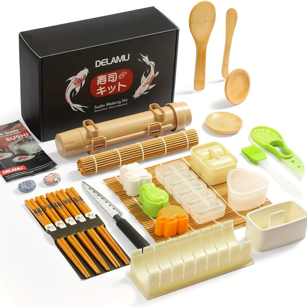 27pcs Sushi Making Kit with Rice Roll Molds, Tool for Home Beginners, Includes Mats, Rice Paddle, Knife, Chopsticks And Guide Book, Perfect for Rice Balls, Sushi Roll Maker, Gifts, Camping