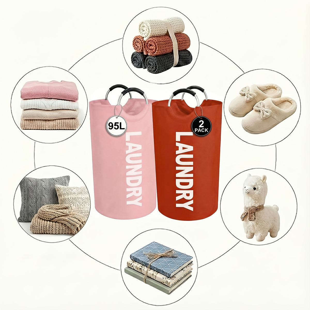 2pcs Large Laundry Basket | Foldable, Elevated, High Quality With Half Ring Handle Design | Brand: Moonrise