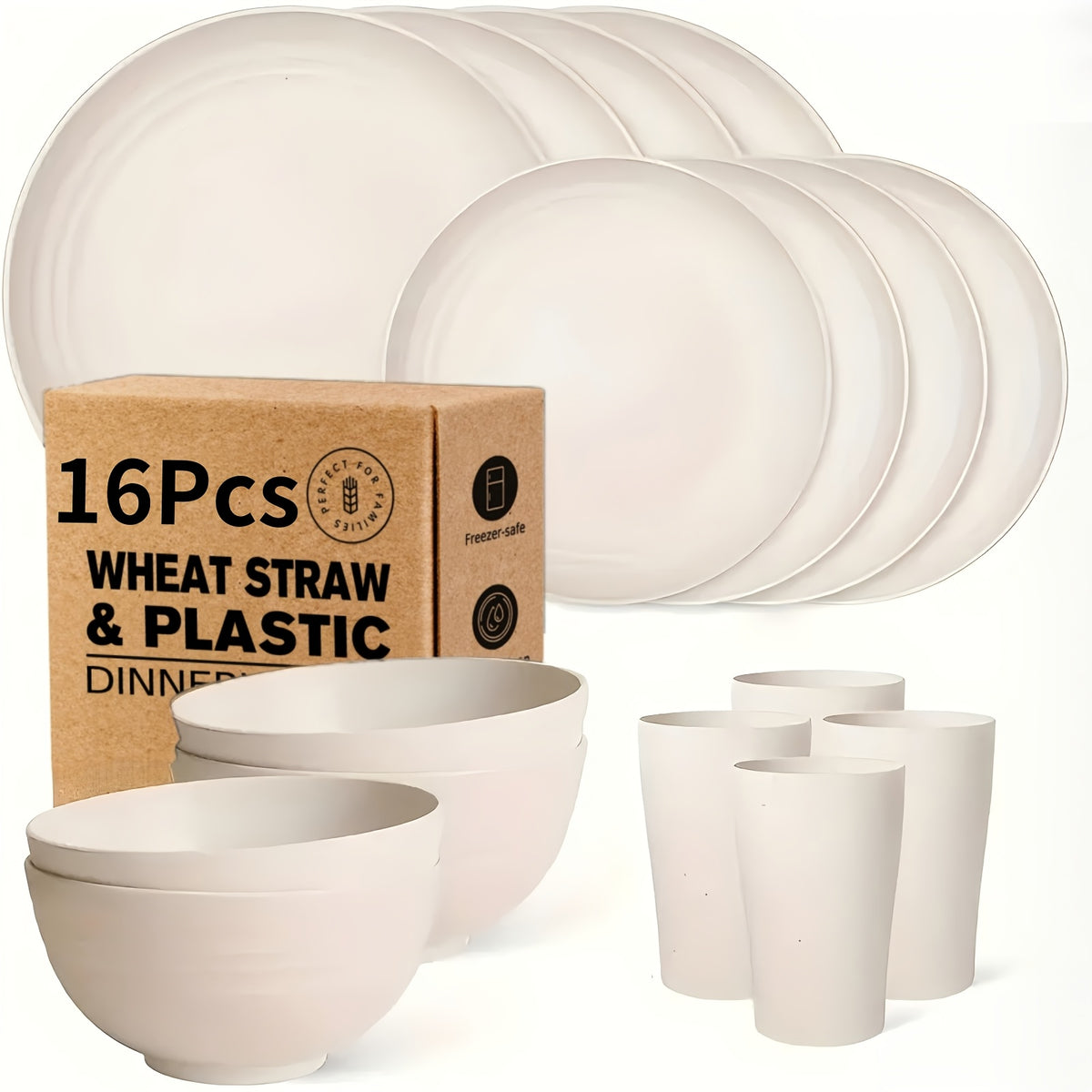32/16pcs Wheat Straw Tableware Set, Round Plates, Dessert Plates, Bowls And Cups, Unbreakable Plates And Bowls Set, Service for 8/4, Dishwasher Safe, Durable And Lightweight And Easy-Clean for Kitchens, Rvs, Camping, And Outdoor Use