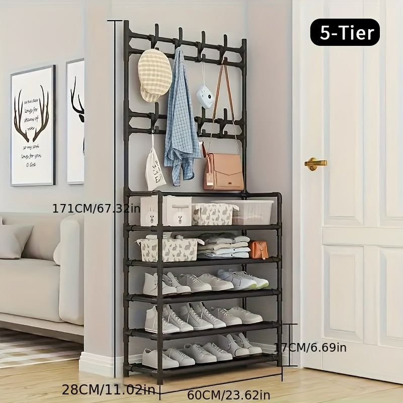 Multifunctional 5-Tier to 3-Tier Shoe Rack, Freestanding Shoe Organizer, Shoe Storage And Organizer, Shelves, with Multi-Layer Storage And 8pcs Double Hooks, Suitable for Living Room, Bedroom, Entrance