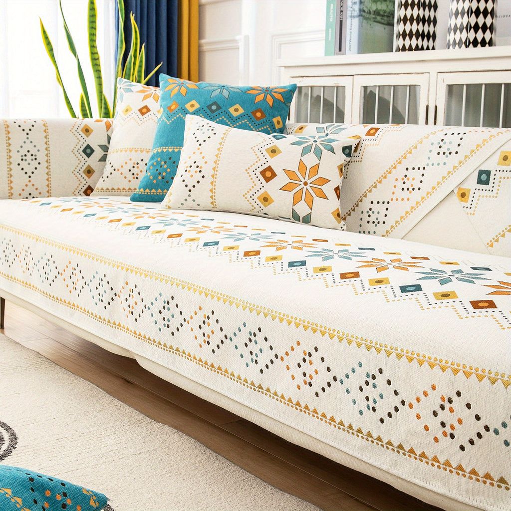 1pc Bohemian Chenille Sofa Cover Suitable for Sofa Sizes (Single to Four-Seater) - Thick Plush Non-Slip Couch Cover with Geometric Embroidery, Chenier Fabric Slipcover Fits for Sectional Sofas, Machine Washable Furniture