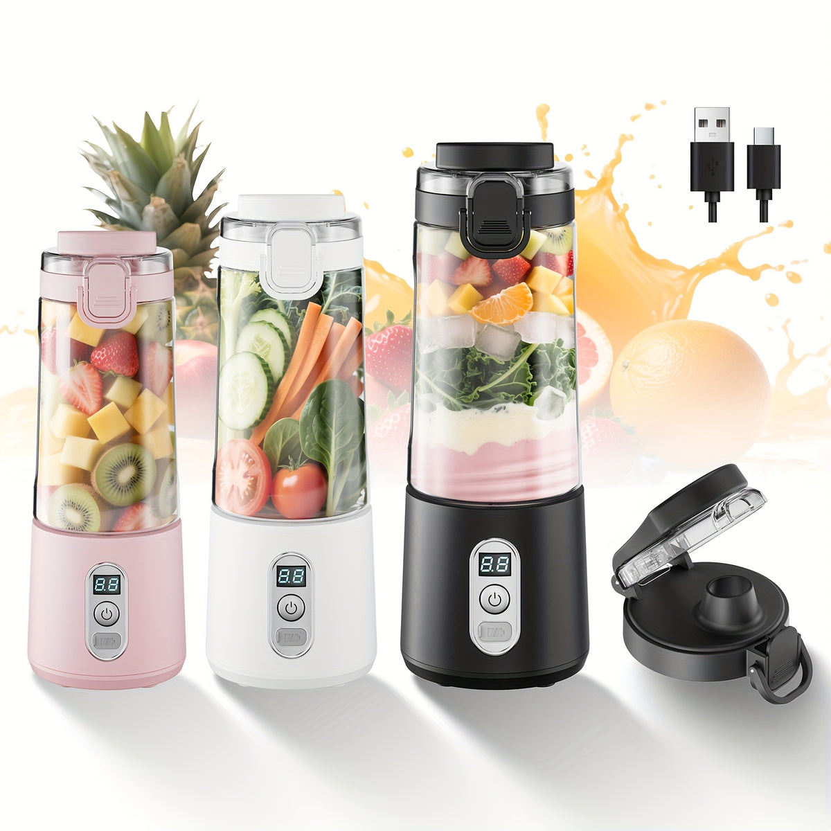 LALAYUAN USB-Powered Juicer & Juicer with Digital Timer, Battery Left Display, High-Speed Ice Crush, USB-C Fast Charge, One-Tap NO-Spill Lid, 6-Blade Stainless Steel - Smoothie Blender Portable, Protein Shakes, Gym, Travel Smoothie Maker