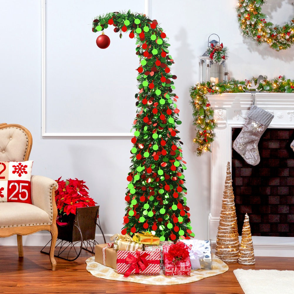 Pop Up Pencil Christmas Tree, 5 ft Collapsible Artificial Sequin Holiday Decor with Easy Assembly and Storage for Indoor Living Rooms and Winter Parties