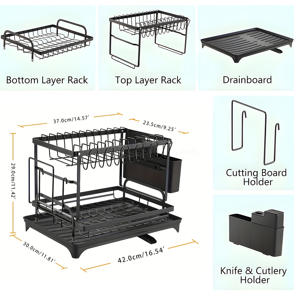 Two-Level Dish Drying Rack For Kitchen Surfaces, Kitchen Organizers And Storage, Dish Drainer With A Drainboard, Kitchen Accessories, Metal Kitchen Dish Holder With Drainage, Two-Tier Kitchen Drying Rack, Black Dish Holders