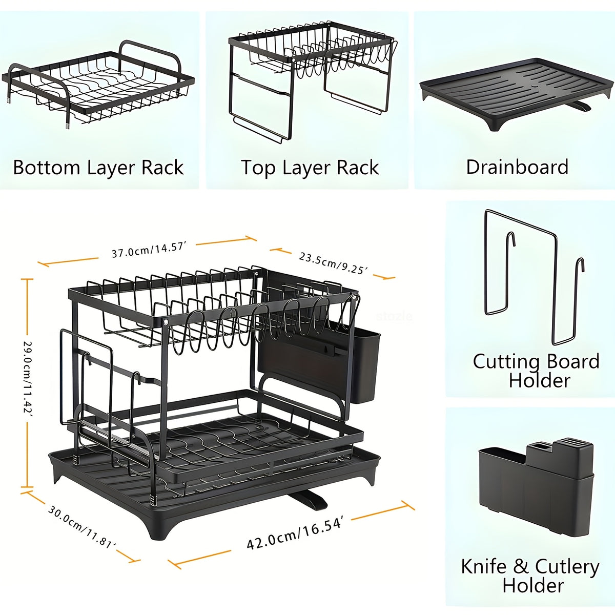 Two-Level Dish Drying Rack For Kitchen Surfaces, Kitchen Organizers And Storage, Dish Drainer With A Drainboard, Kitchen Accessories, Metal Kitchen Dish Holder With Drainage, Two-Tier Kitchen Drying Rack, Black Dish Holders