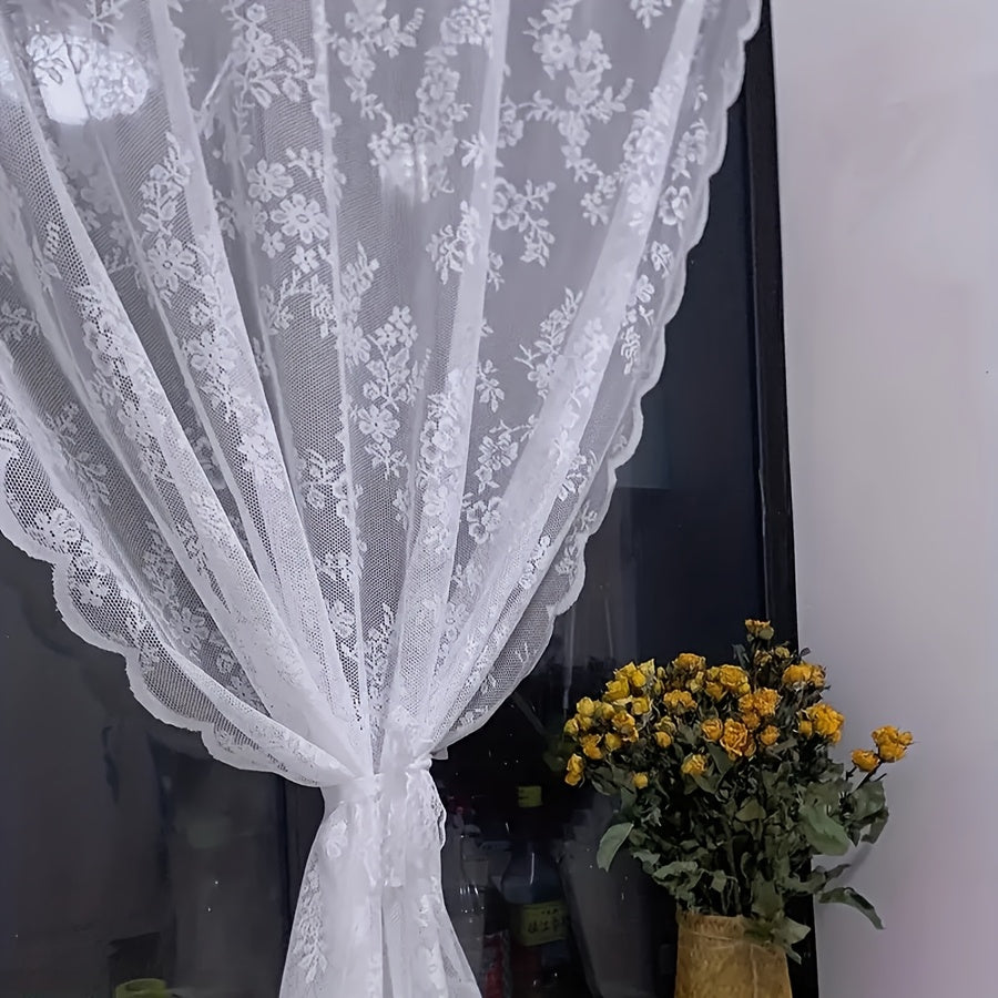 1pc White Lace Door Curtain with Wave Edge, Semi-Sheer Polyester Rod Pocket Curtain for Home And Outdoor Use, Vintage Style with Floral Pattern, Semi-Sheer Curtains | Vintage Curtain Design | Embroidered Detailing