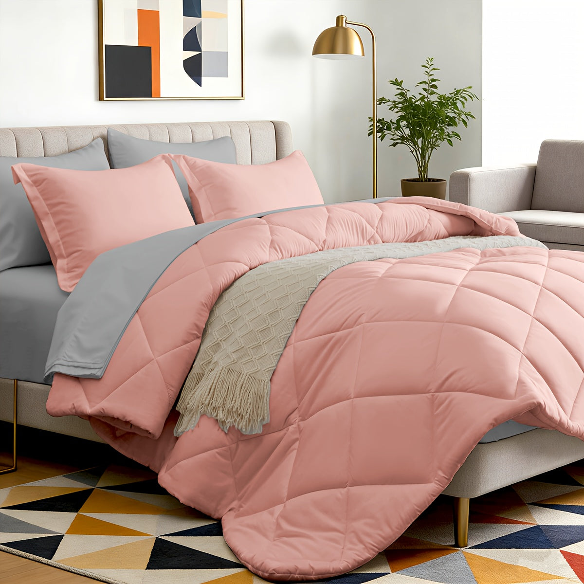 5/7pcs Luxurious Double-sided Checked Pattern Comforter Set-Breathable-Ultra Soft Fluffy Fiber Filling, Warmth for All Seasons-Bed In A Bag with Comforter, Flat Sheet, Fitted Sheet, Pillowcases, And Pillowshams, Family Gift Set, Random Color