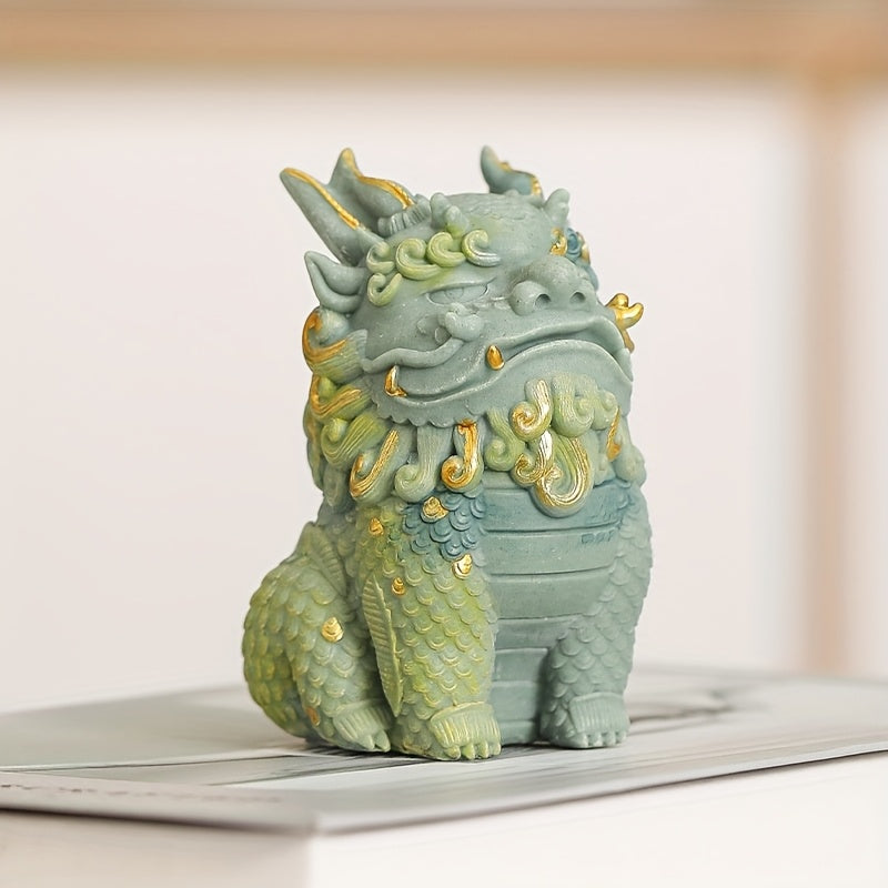 Pixiu Statue with Golden Floral Details, Single Stone Mythical Creature Figurine in Sand, Gray or White for Home Office Tabletop and Cabinet Decor