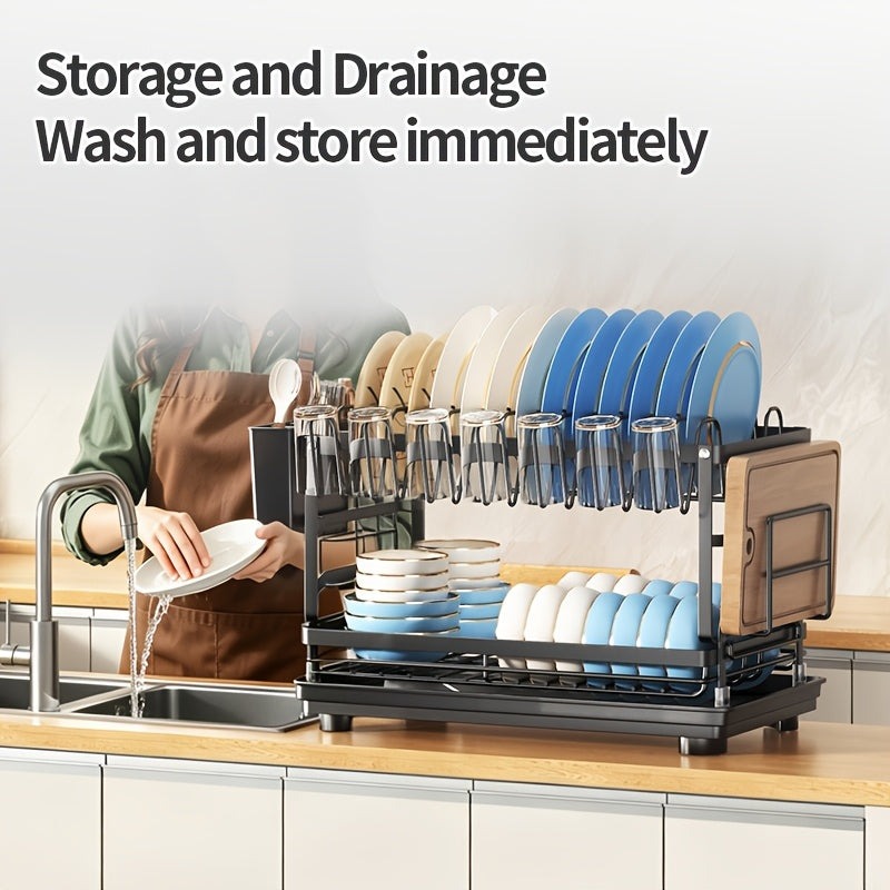 Two-tier Metal Kitchen Countertop Dish Rack Is Space-saving And Durable. It Comes with A Knife And Fork Holder, A Cup Rack, A Cutting Board Holder, And A Rust-proof Draining Tray. It Organizes Your Tableware And Helps Keep Your Kitchen Neat And Tidy.