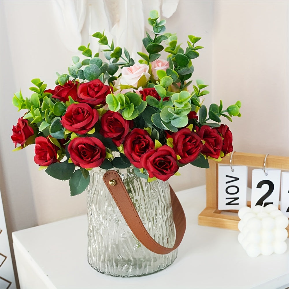 4 Bunches of Realistic Artificial Roses - Vibrant Pink, Red, White And Green Plastic Faux Flowers, Suitable for Valentine'S Day, Weddings, Home Decoration, Indoor/ Outdoor Flower Arrangements (No Maintenance Required)