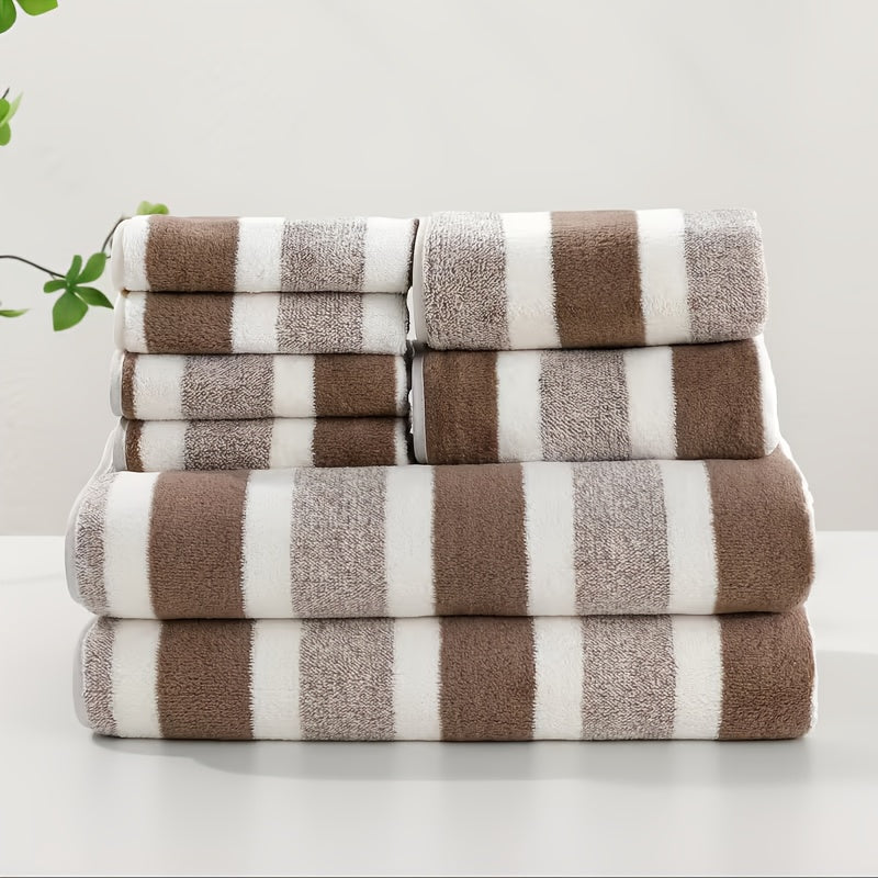 8pcs Lint-Free Super Absorbent Soft Five-Star Hotel Standard Two-Color Striped Spaced Bath Towel Set, Including 2 Large Bath Towels, 2 Medium Bath Towels And 4 Small Bath Towels, Wash Cloths