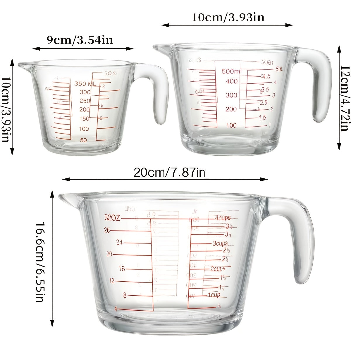 1/3pcs Glass Measuring Cups, 11.83oz 16.91oz 33.81oz Transparent, Ergonomic Handle Design, Tempered Glass, Dishwasher, Freezer, Microwave And Preheat Oven Safe