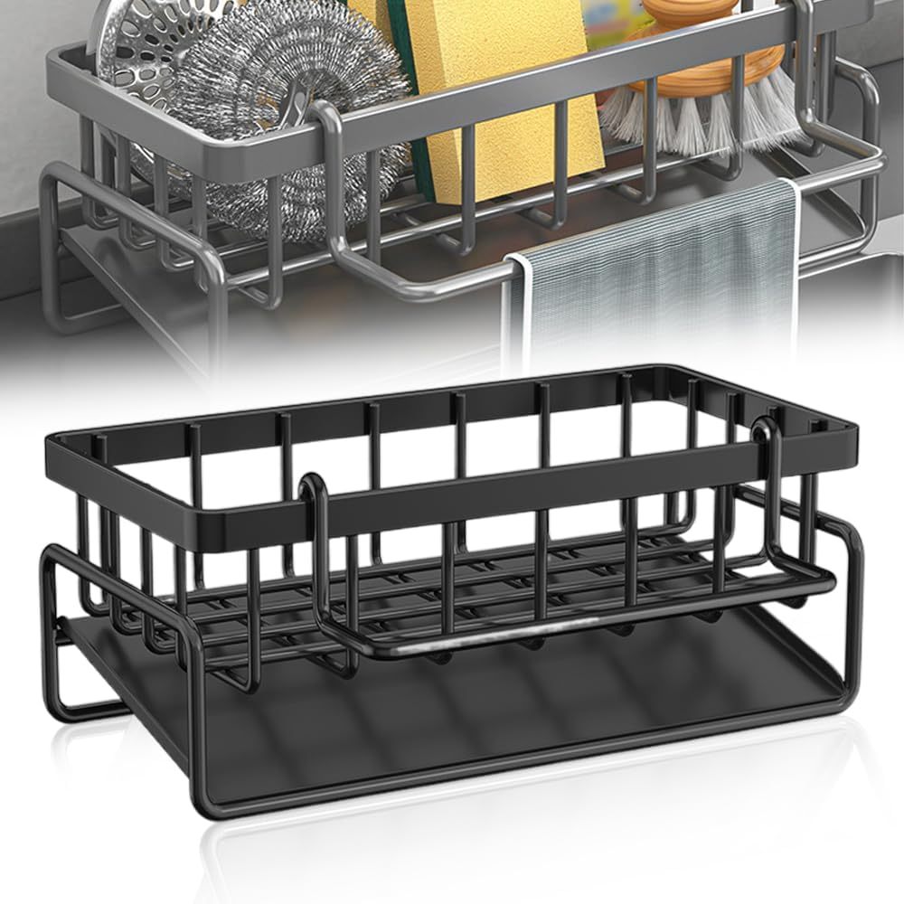 Black Sponge Drain Rack with Dishcloth Holder, Sink Storage Rack for Sponges, Dish Soap, Dishcloths, Brushes, and Utility Cloths, Christmas