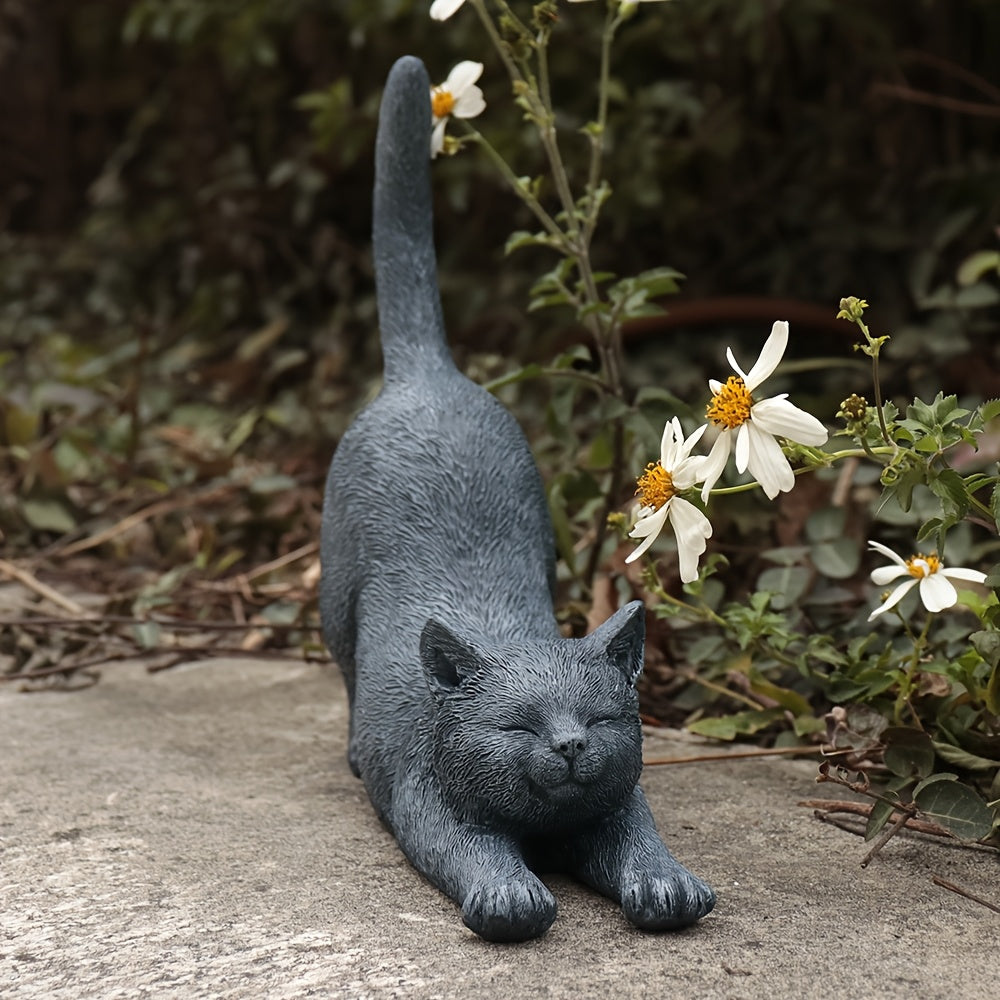 Yoga Cat Statue in Grey Resin, Hand-Painted Stretching Cat Figurine for Home, Office and Garden Decor, Decorative Sculpture Gift for Cat Lovers