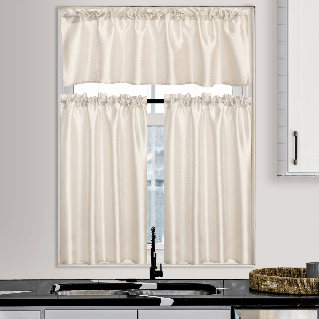 3 Panels Faux Silk Solid Color Sheer Kitchen Curtains Set Rod Pocket Design with 2 Tiers 26x36 inch Each and 1 Valance 52x14 inch for Kitchen Bathroom Privacy Drapes and curtains