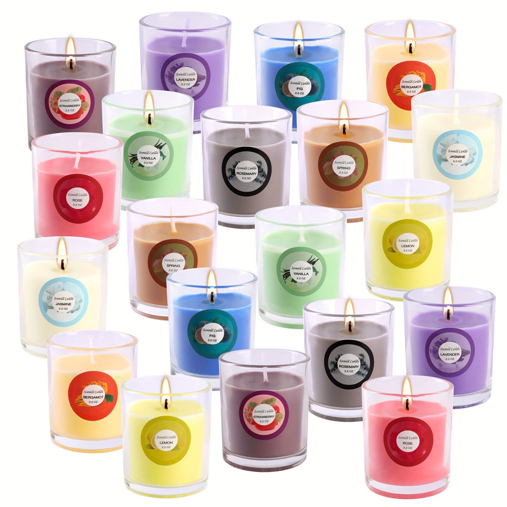 20pcs Scented Candles (2.6inch X 1.9inch), Containing 10 Different Scents, Packaged in Glass Jars Made of Soy Wax. The Fragrance Is Rich And Suitable for Use on Occasions Such As Ladies' Birthdays, Presidents' Day, Halloween, Christmas, Etc