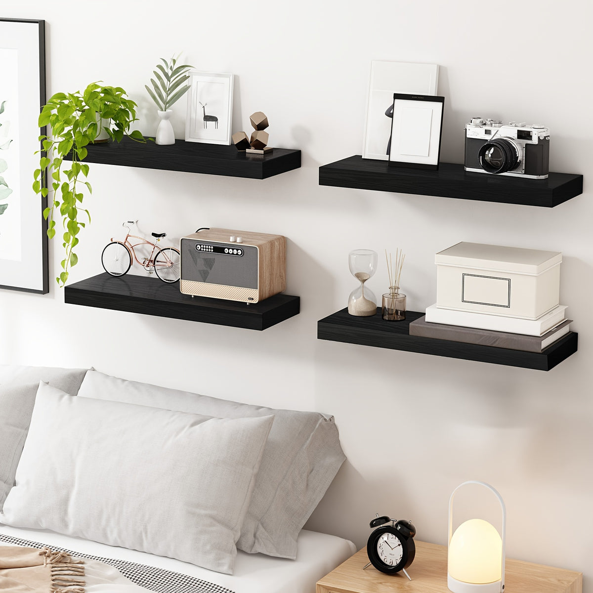 TOMNK 4/8pcs 15.8in Floating Shelves For Wall, Wall Mounted Rustic Wood Shelves For Bathroom, Bedroom, Living Room, Kitchen, Hanging Shelf For Books/Storage/Room Decor, With 22lbs Capacity, Black/Brown/White/Gray