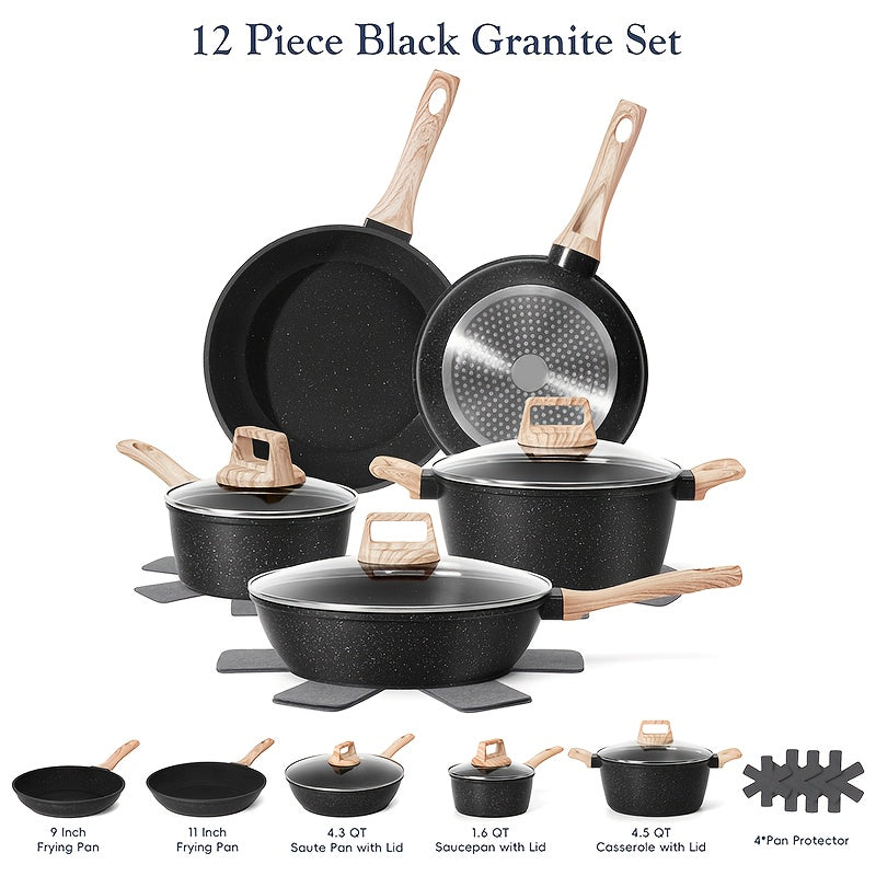 12pcs  pots and pans set, pots and pans cookware sets,Non-Stick Granite Cookware Set Complete Kit with Frying Pans, Casserole, Saucepan, Lids Compatible, Pan Protector - Heavy-Duty Durable Cookware for All Stovetops (Hindu/Induction)