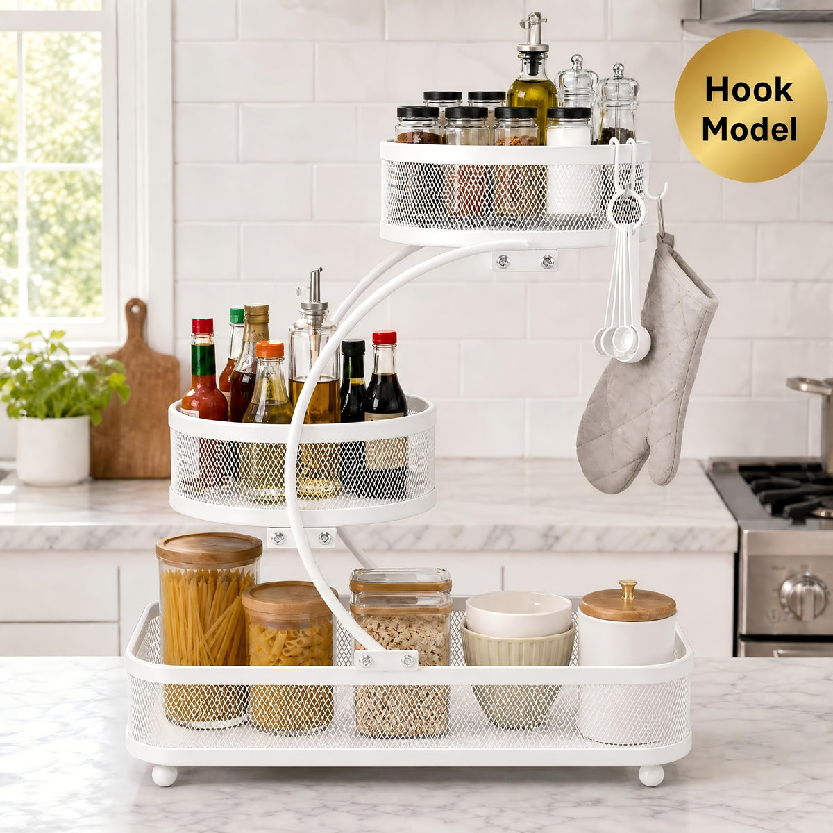 3-tier Metal Bathroom Storage Rack, Includes A Spray Bottle | Hooks - Space-saving Countertop Organizer For Cosmetics, Skincare, And Toiletries | Rust-resistant Diamond Mesh Design | Sturdy And Durable, Suitable For Vanities, Bathrooms, Wardrobes