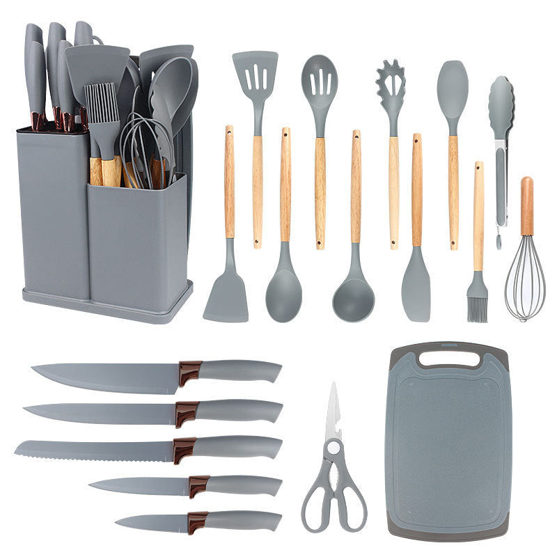 19pcs Non-Stick Silicone Cookware Set with Bamboo Storage Containers And Knives - Heat-Resistant Pots, Pans, Utensils - Kitchen Tools for Frying, Boiling - for Induction Stovetops And Ovens (Wooden Handle)