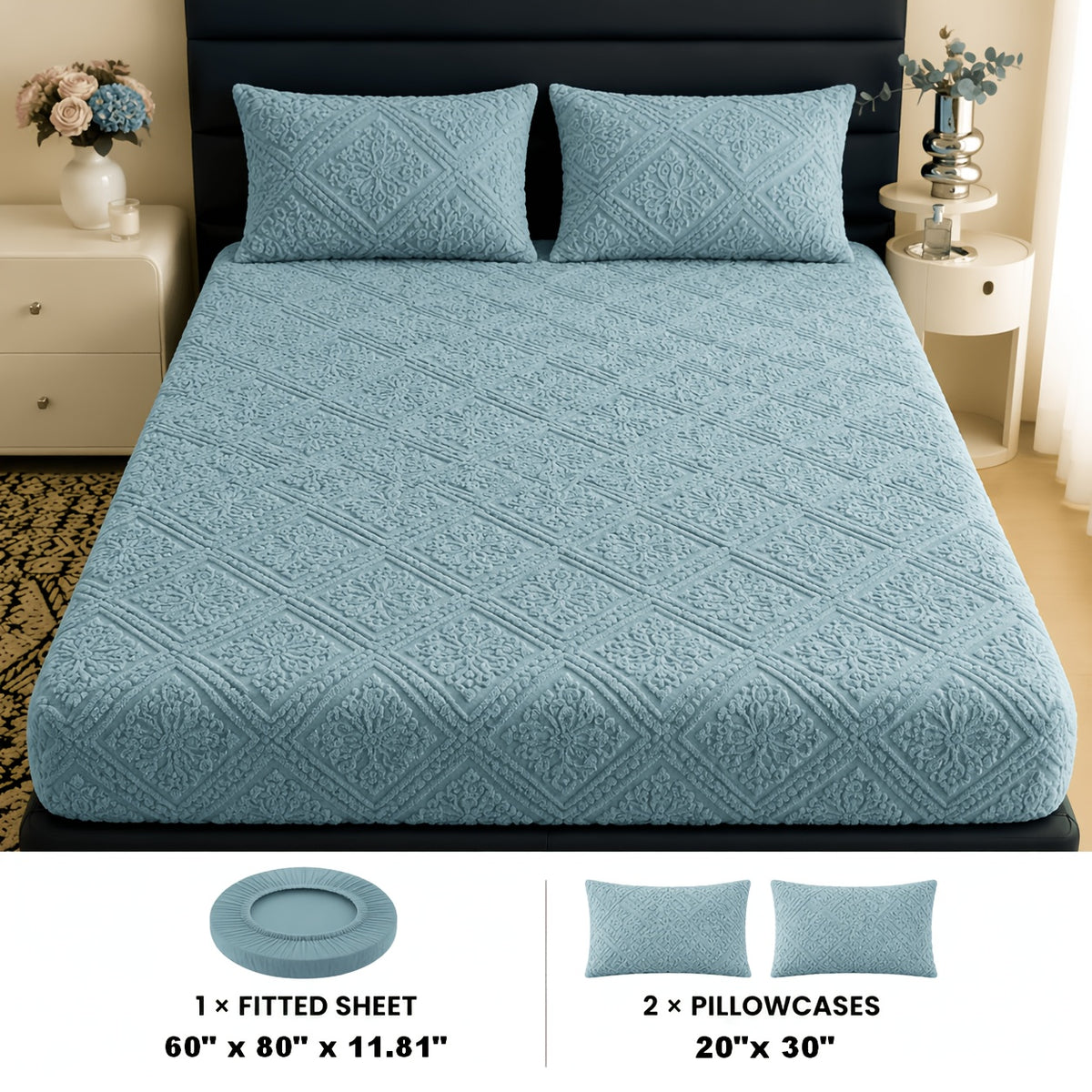Embossed Fitted Sheet with Optional Pillowcases, Soft Deep Pocket Machine Washable Bedding in White, Gray, Khaki, Blue and Green for Twin Full Queen King