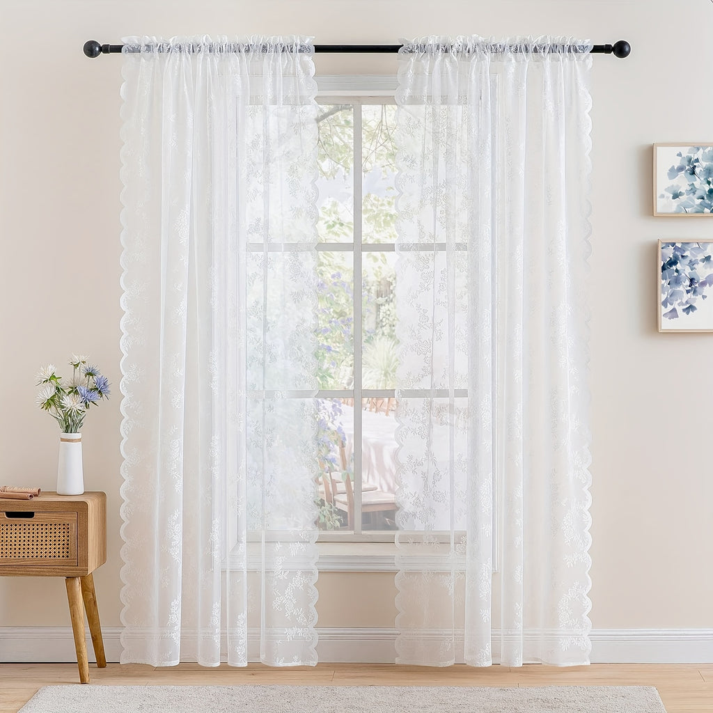 Romantic Pastoral Lace Sheer Curtain for Balcony and Office, Translucent Window Drapery with Floral Pattern, Machine Washable Polyester, Rod Pocket Design - 1pc