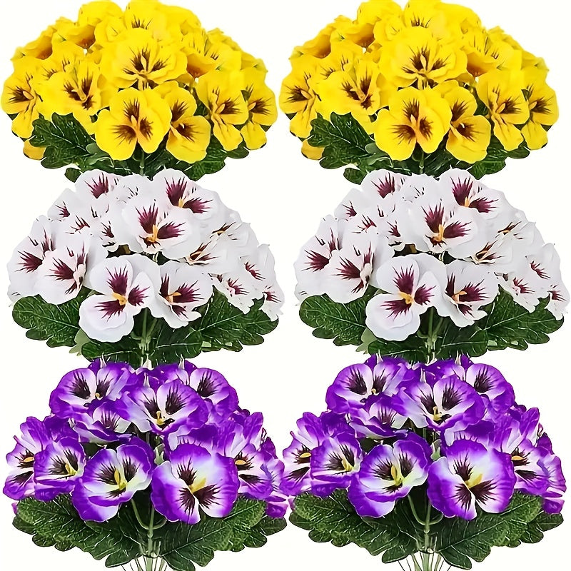 6 Bunches Realistic Artificial Pansy Flowers - Weather-Resistant Plastic Blooms for Indoor/Outdoor Use, Low-Maintenance Home & Garden Decor, White/Purple/Yellow Colorful Display, No Container Needed, Artificial Flowers for Outdoors, Outdoor Floral Arrange