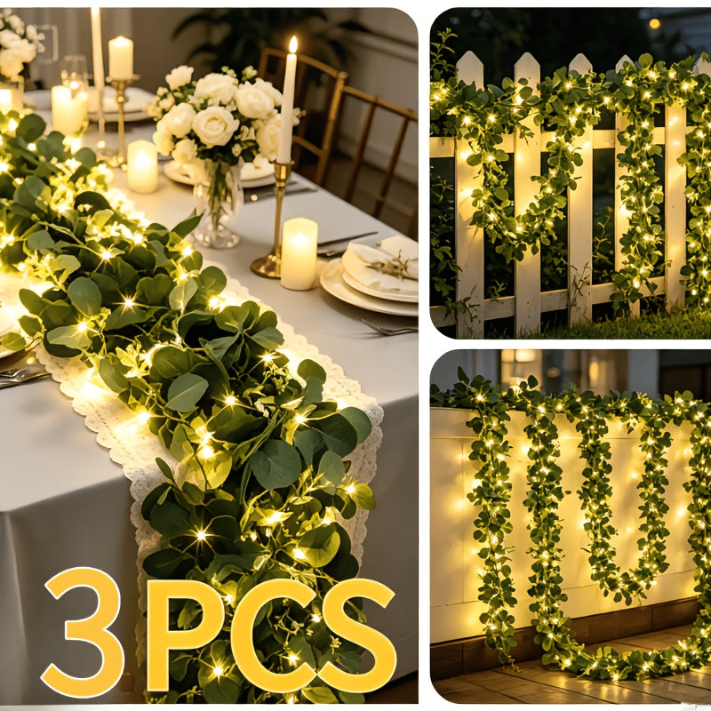 3 Packs of 6-Foot Lighted Eucalyptus Garlands| Green Floral Garland Decoration, Artificial Simulated Eucalyptus Leaves And Green Vines, Used for Table Cover, Wedding Centerpiece Decoration, Background, Warm Color, Plastic, Battery-Powered