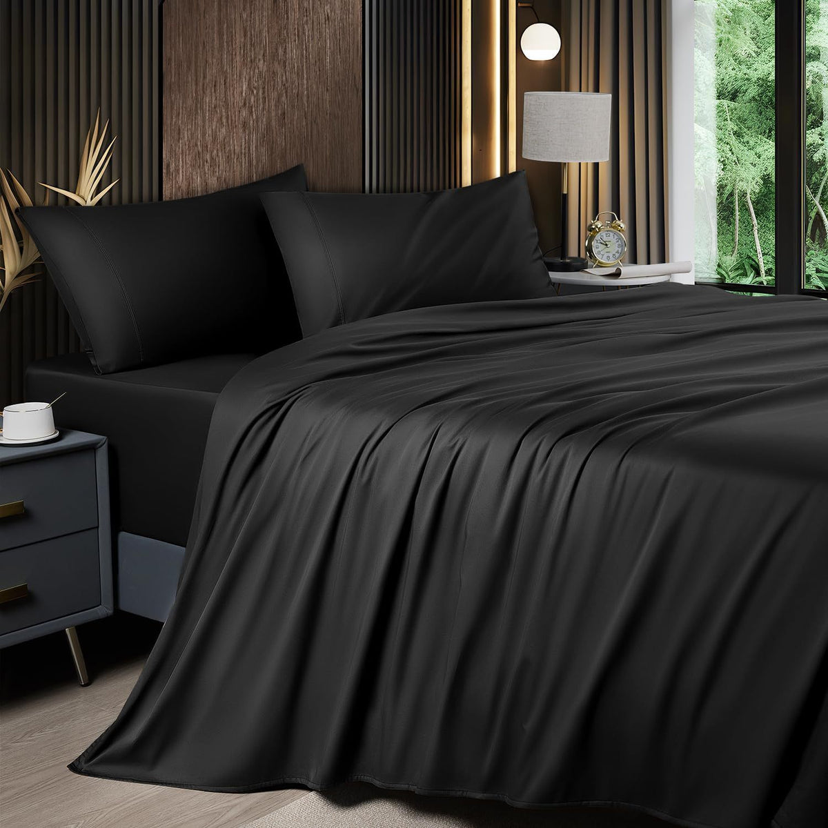 4pcs 2200TC Cooling Bamboo Bed Sheet Set Summer Chill Collection-16" Deep Pocket - Ultra Soft Luxury Bedding W/ Flat Sheet, Fitted Sheet & Pillowcases (Beat The Hea Stay Cool All Night) Queen Size Sheet Set Breathable Sheets Sets Queen Size Gifts