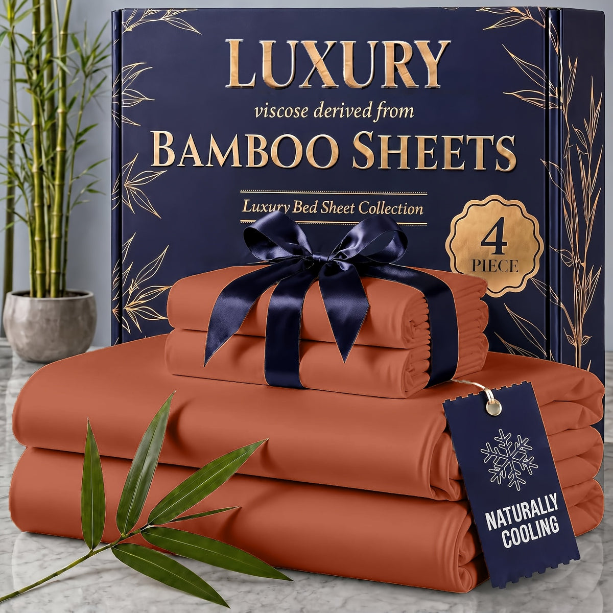 4pcs Cooling Bamboo Blend Sheet Set, Breathable Soft Sheets for Hot Sleepers, 14-Inch Deep Pocket, Twin/Full/Queen/King, Kids Room Decor, Christmas Holiday Home Decor