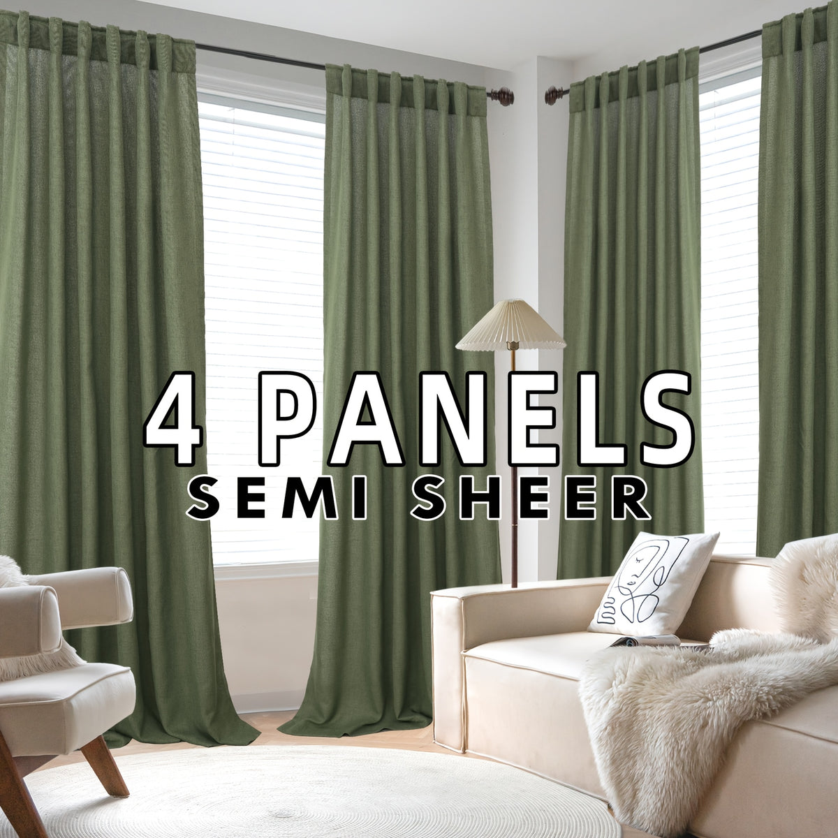 4 Panels Natural Linen Curtains for Living Room Semi Sheer Farmhouse Real Flax Rod Pocket Back Tab Boho Rustic Light Filtering Window Drapes for Bedroom Privacy Assured