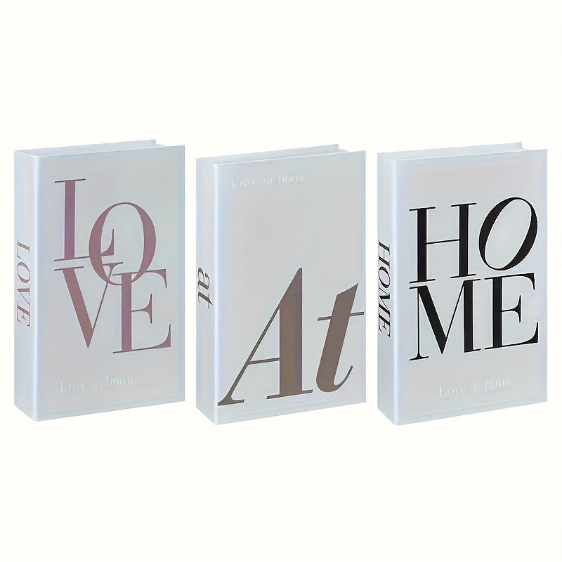 Typography Decorative Book Set, 3 Nordic Faux Books with HOME LOVE and at Lettering for Coffee Table Styling, Living Room Shelves and Office Decor